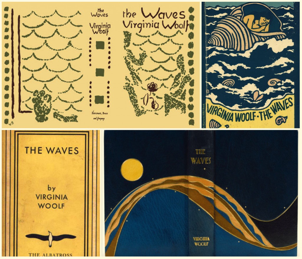 varie edizioni di The Waves, tra cui la prima stampata dalla Hogarth Press, in alto a sinistra