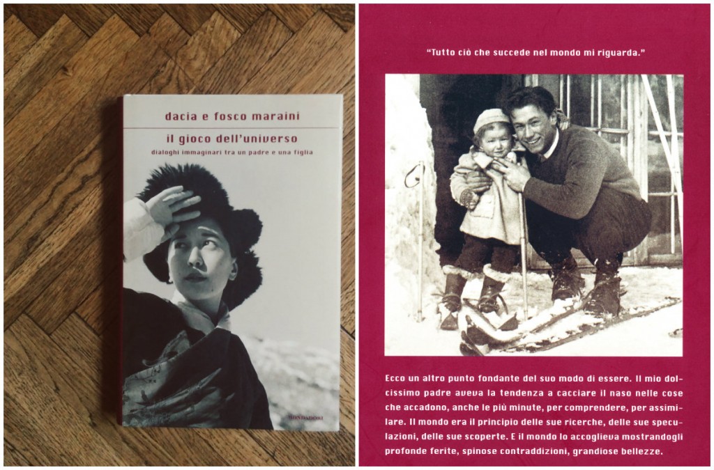 copertina de "Il gioco dell'universo", la fotografia è di FM e ritrae "La principessa Pema Choki Namgyal a 4000m tra Sikkim e Tibet" - retro di copertina: fotografia di Dacia da bambina e Fosco, due citazioni dal libro