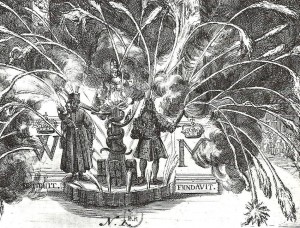 Fuochi d'artificio a Londra per l'incoronazione di Guglielmo d'Orange e di Marie (21 aprile 1689). Acquaforte olandese del XVII secolo. Dettaglio: le effigi del papa, di Giacomo II e di suo figlio vengono bruciate