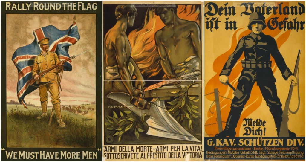 da sinistra, illustrazioni propagandistiche di Regno Unito, Italia e Germania. © ww1propaganda.com