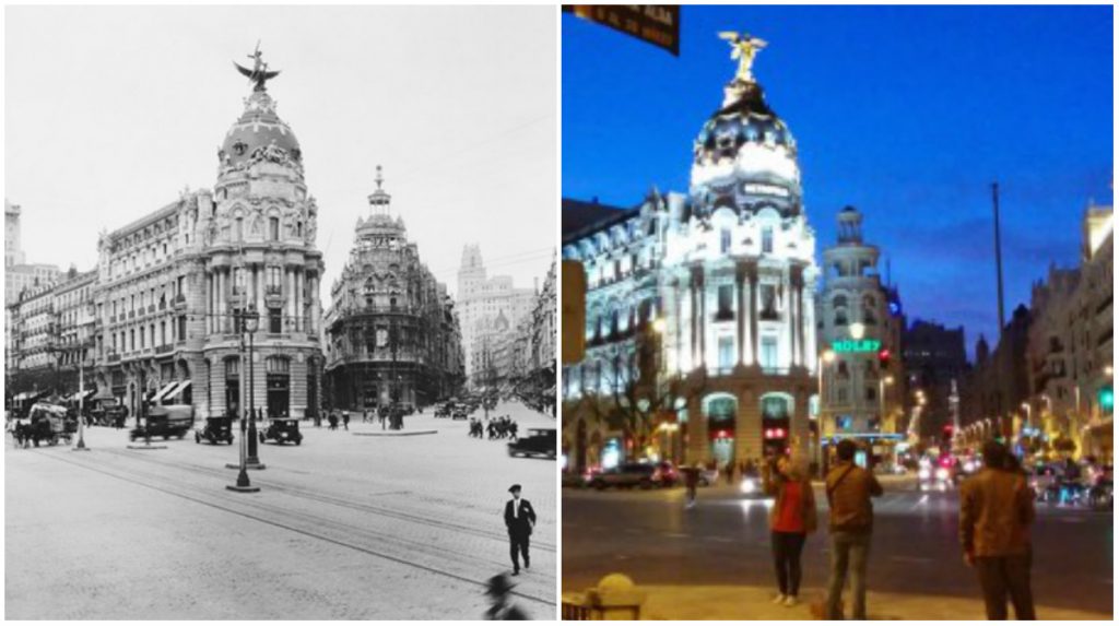 La Gran Via negli anni Venti (a sinistra) e oggi (a destra), sulla quale si affaccia il famoso edificio "Metropolis"