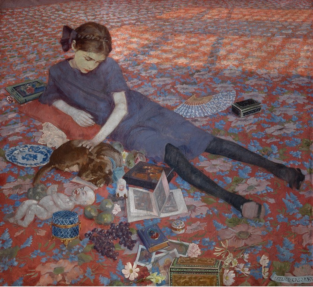 Bambina che gioca sul tappeto rosso - Felice Casorati