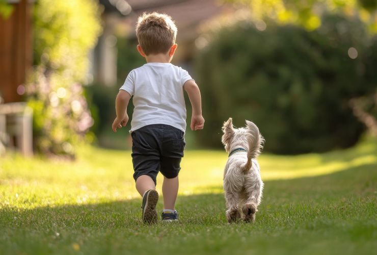 un bambino a passeggio con il cane