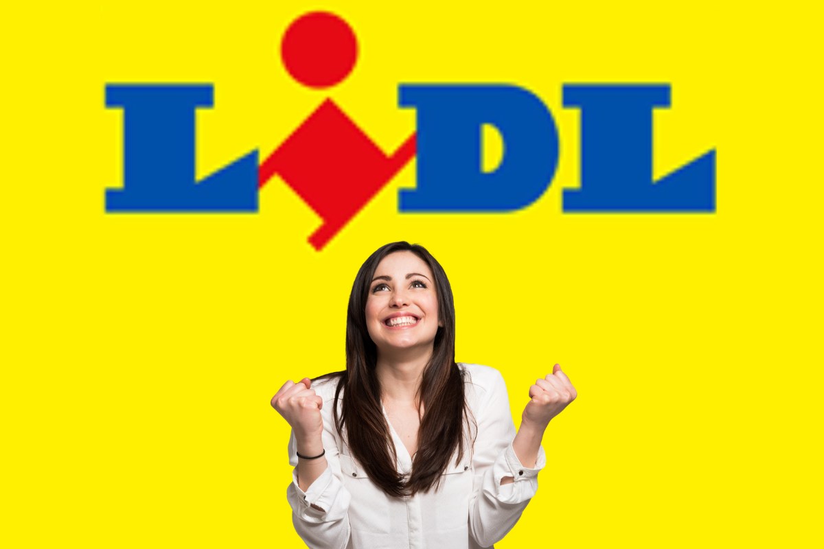Il logo della Lidl in alto e una ragazza che esulta in basso