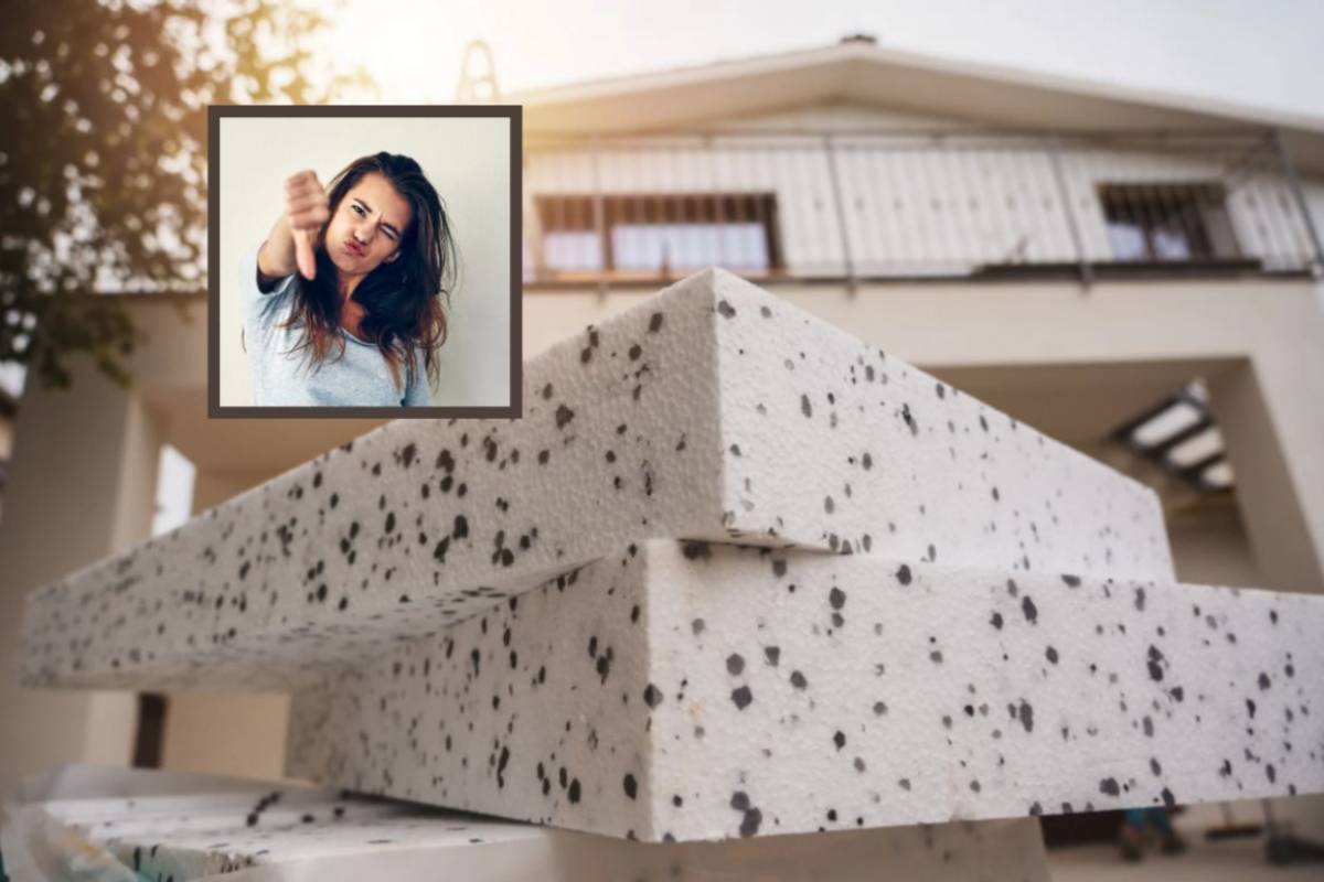 pannelli per il cappotto termico e nel riquadro una donna con il pollice rivolto verso il basso