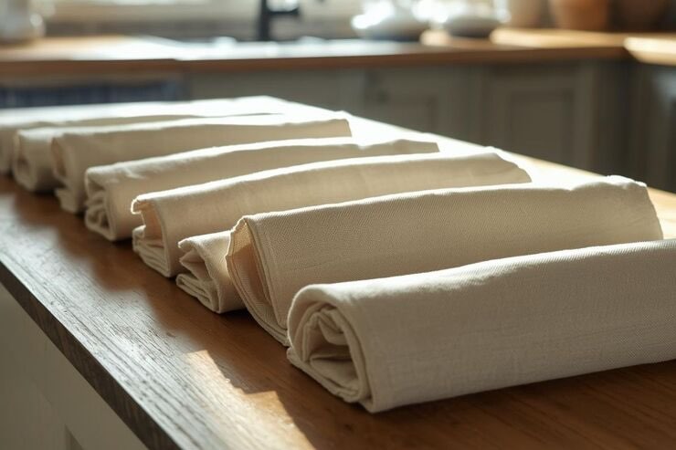Tovaglioli di stoffa arrotolati sul piano
