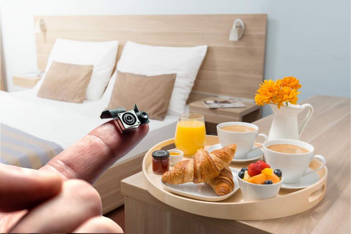 Dito con microcamera, camera con letto e vassoio colazione