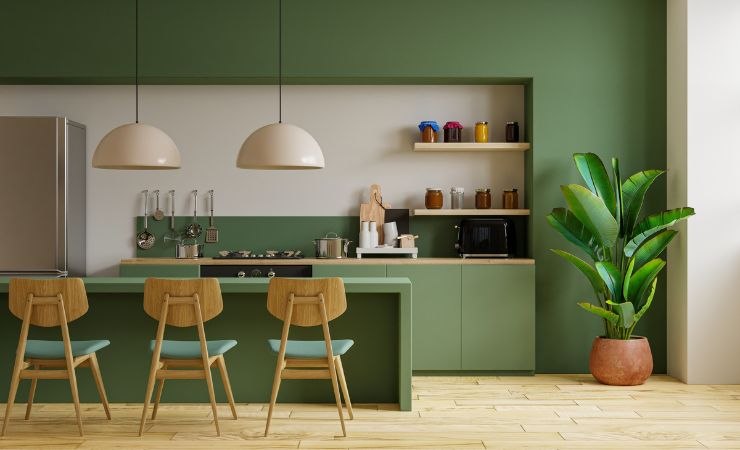 una cucina di colore verde