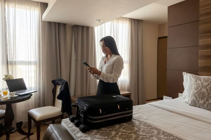 Donna in camera d'albergo, valigia sul letto