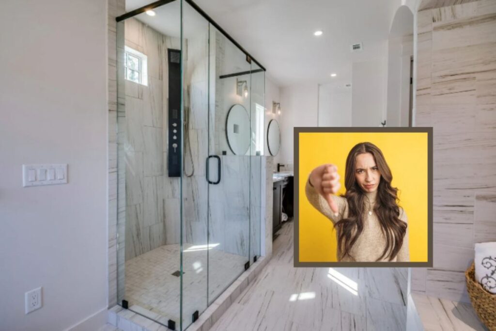 bagno con box doccia in vetro e nel riquadro una donna con il pollice verso il basso