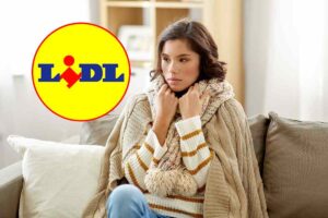 una ragazza che sente freddo e la scritta LIDL