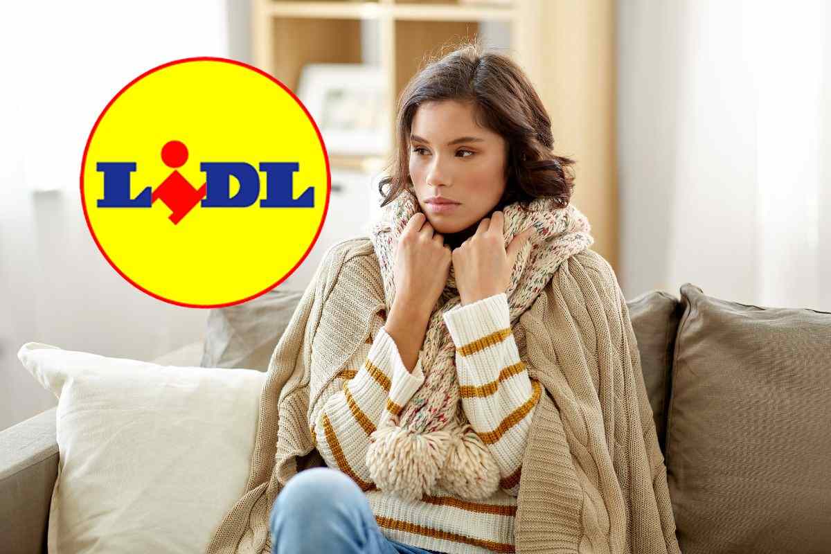 una ragazza che sente freddo e la scritta LIDL