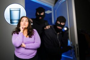 ladri in casa, bicchiere d'acqua e donna che pensa
