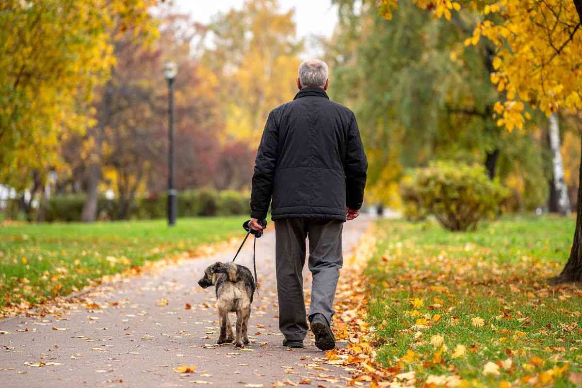 un signore a passeggio con il cane