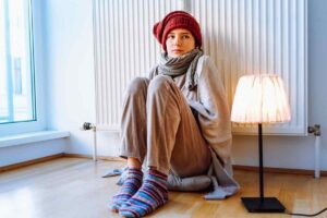 Ragazza imbacuccata seduta davanti al termosifone