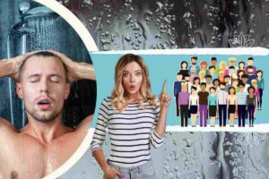 Uomo che fa la doccia, donna bionda che indica un gruppo di persone