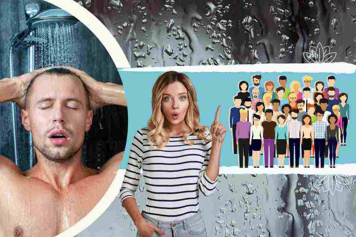 Uomo che fa la doccia, donna bionda che indica un gruppo di persone