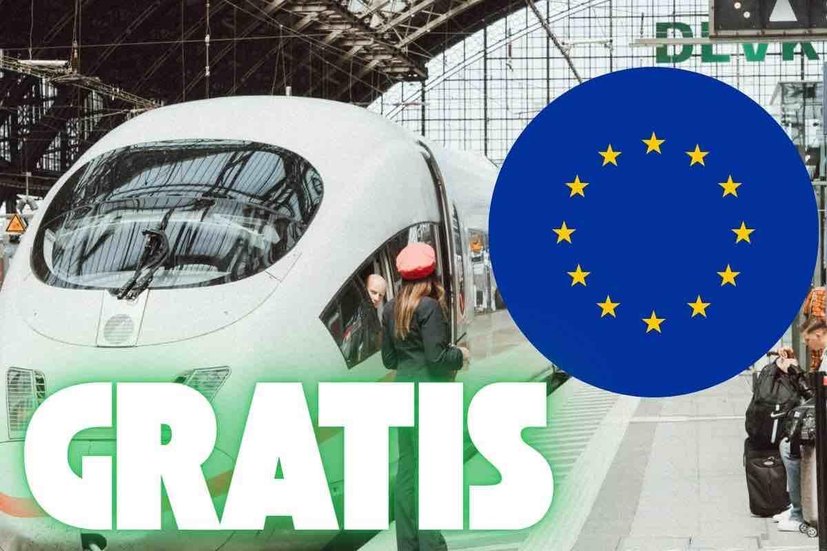 Simbolo Unione Europea, scritta "Gratis" e treno fermo in stazione