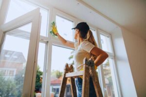 Donna che pulisce finestre