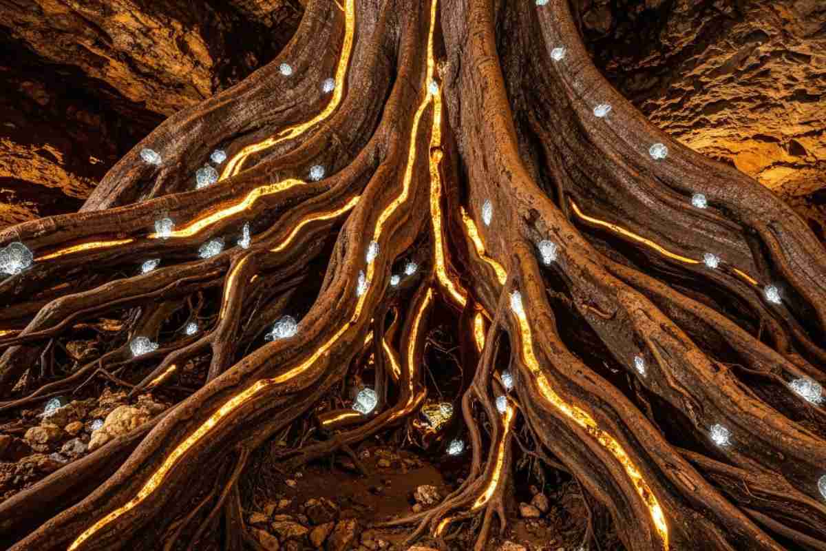 radici d'albero illuminate