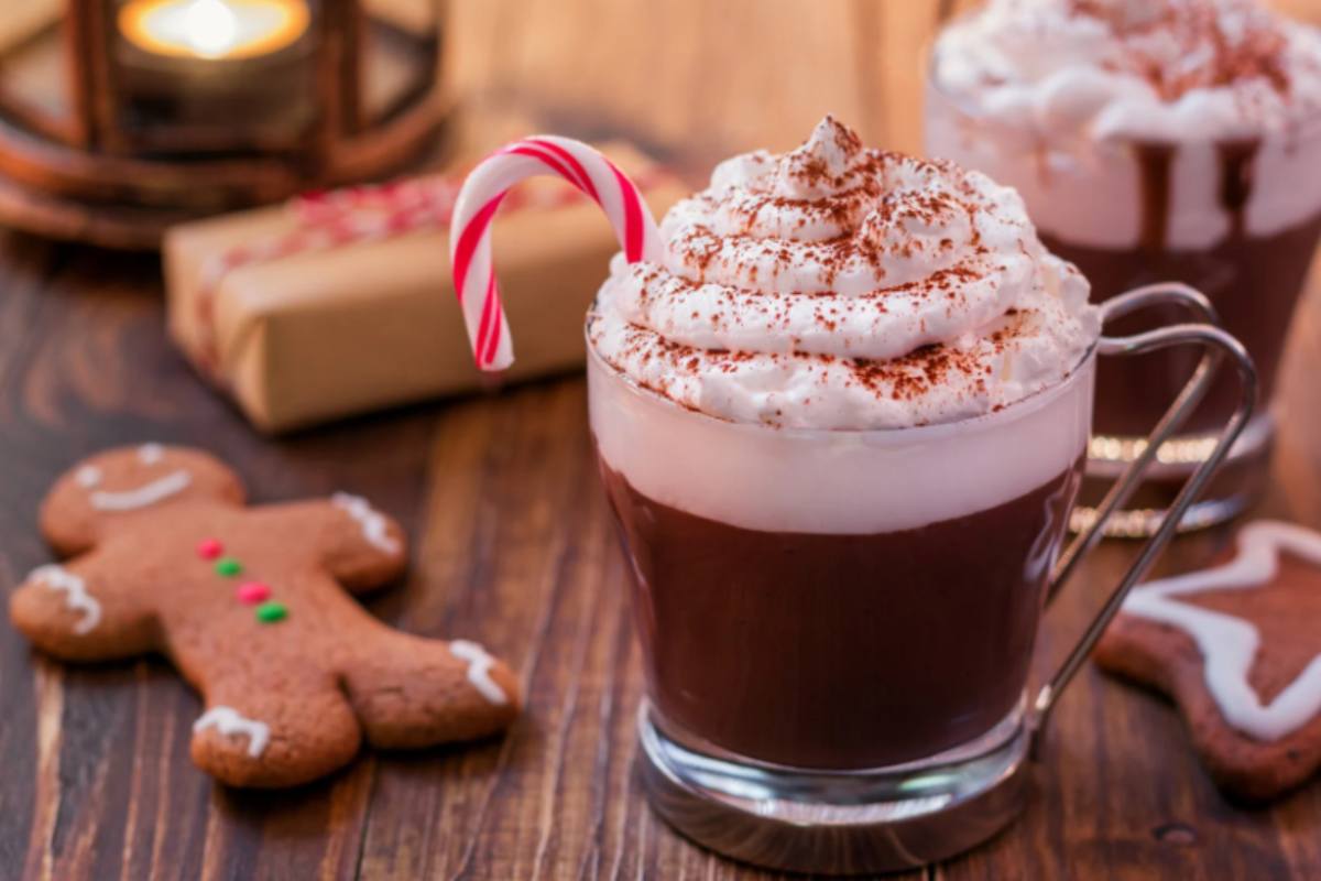 tazze di cioccolata calda con panna montata e biscotti pan di zenzero