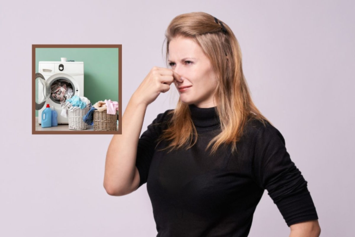 donna che si tappa il naso e nel riquadro una lavatrice