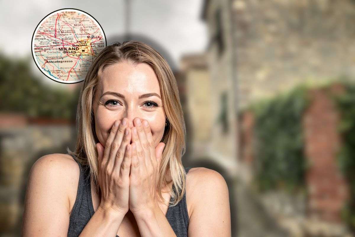 borgo, cartina lombardia in icona e donna sorpresa 