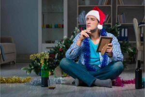 Ragazzo con cappello natale e decorazioni, seduto solo sul pavimento