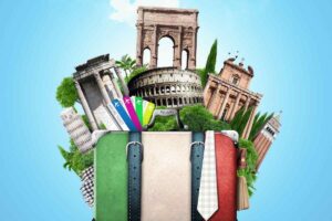 una valigia con sopra alcuni monumenti e una bandiera italiana