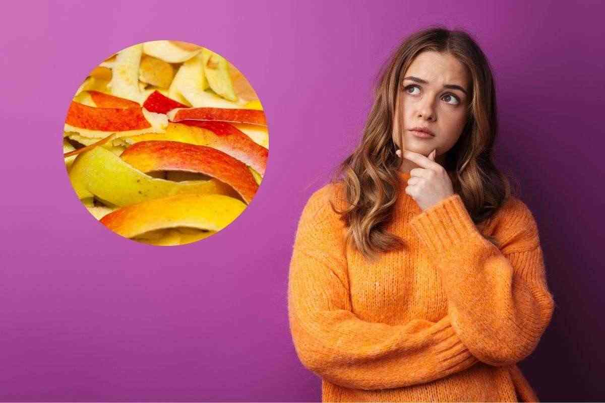 una ragazza dubbiosa e delle bucce di mela
