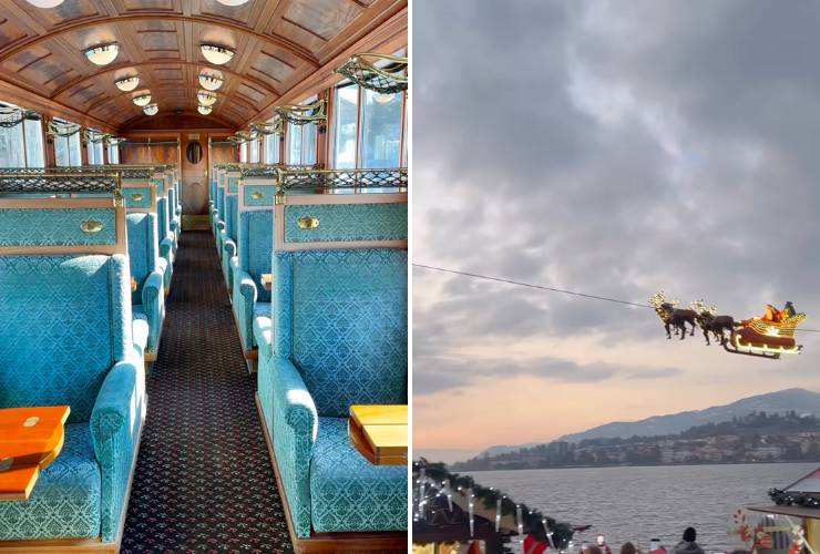 collage treno con sedili blu e babbo natale in slitta che vola