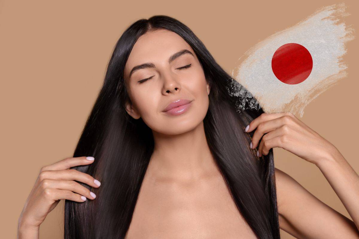 bandiera del giappone e donna con capelli lunghi in primo piano