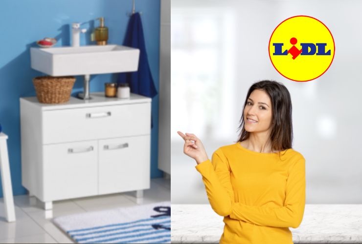 sotto lavabo della lidl ed una ragazza che lo indica. vicino il logo della lidl