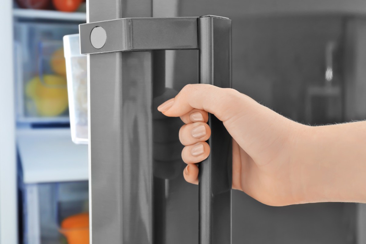 mano sullo sportello del frigorifero