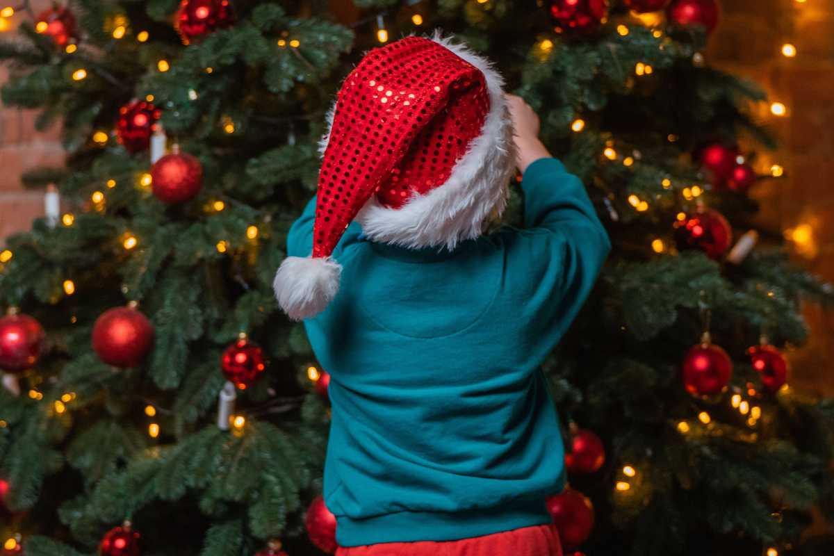persona di spalle che addobba l'albero
