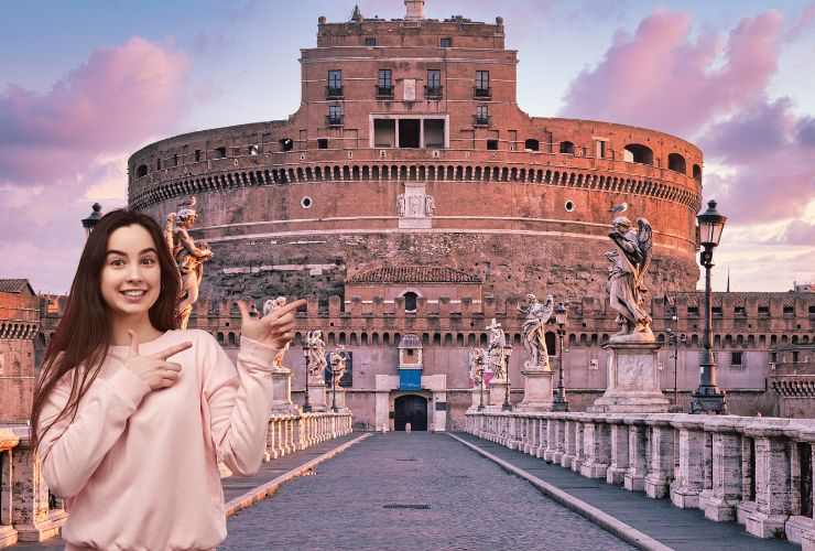 roma, castel sant'angelo e una ragazza che lo indica