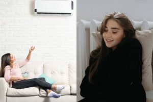 Donna accende condizionatore, donna con spalle al termosifone