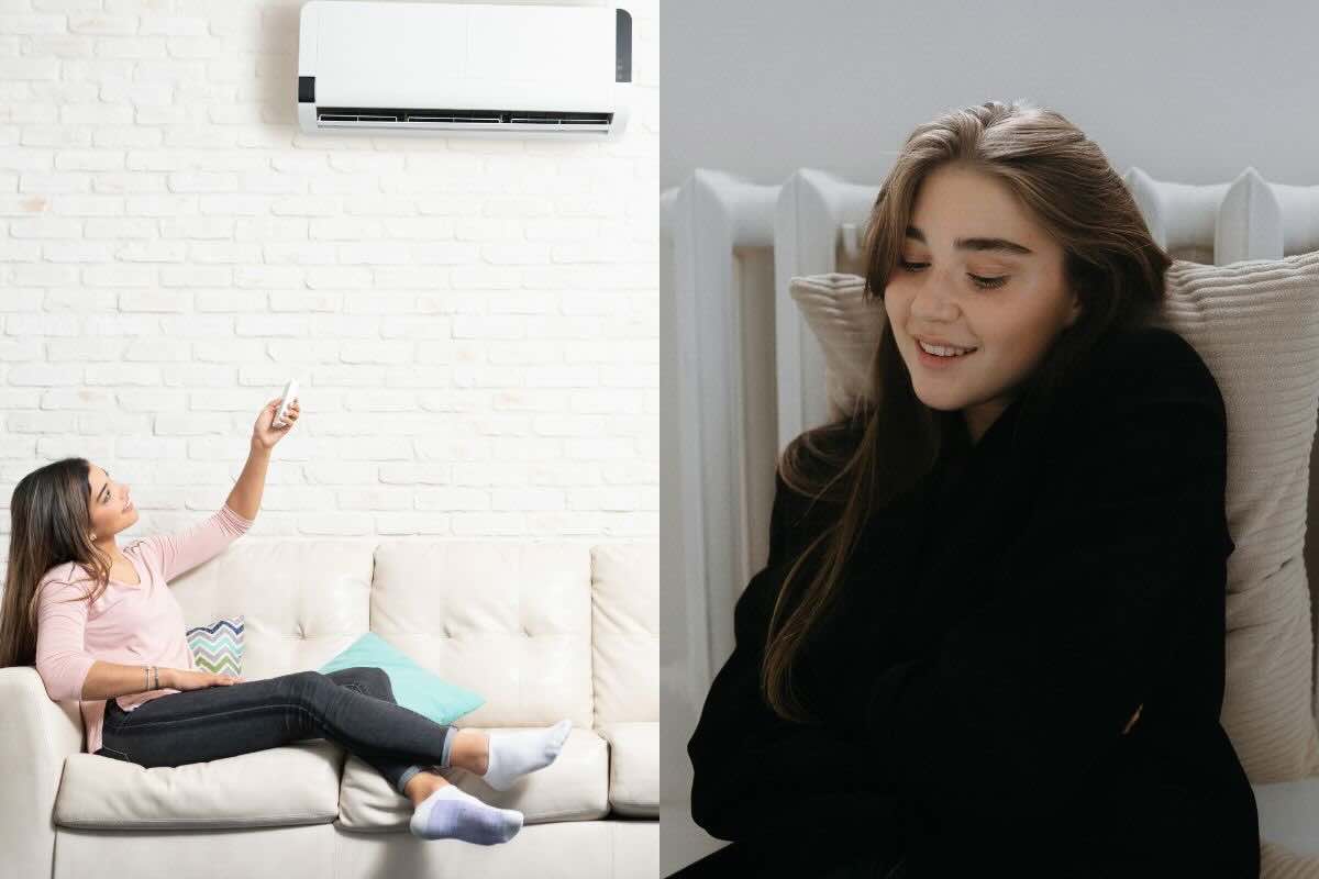 Donna accende condizionatore, donna con spalle al termosifone