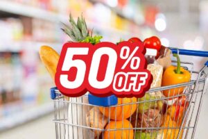 carrello della spesa e percentuale del 50%