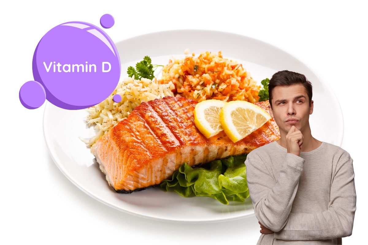 salmone, la scritta Vitamina D e un ragazzo dubbioso