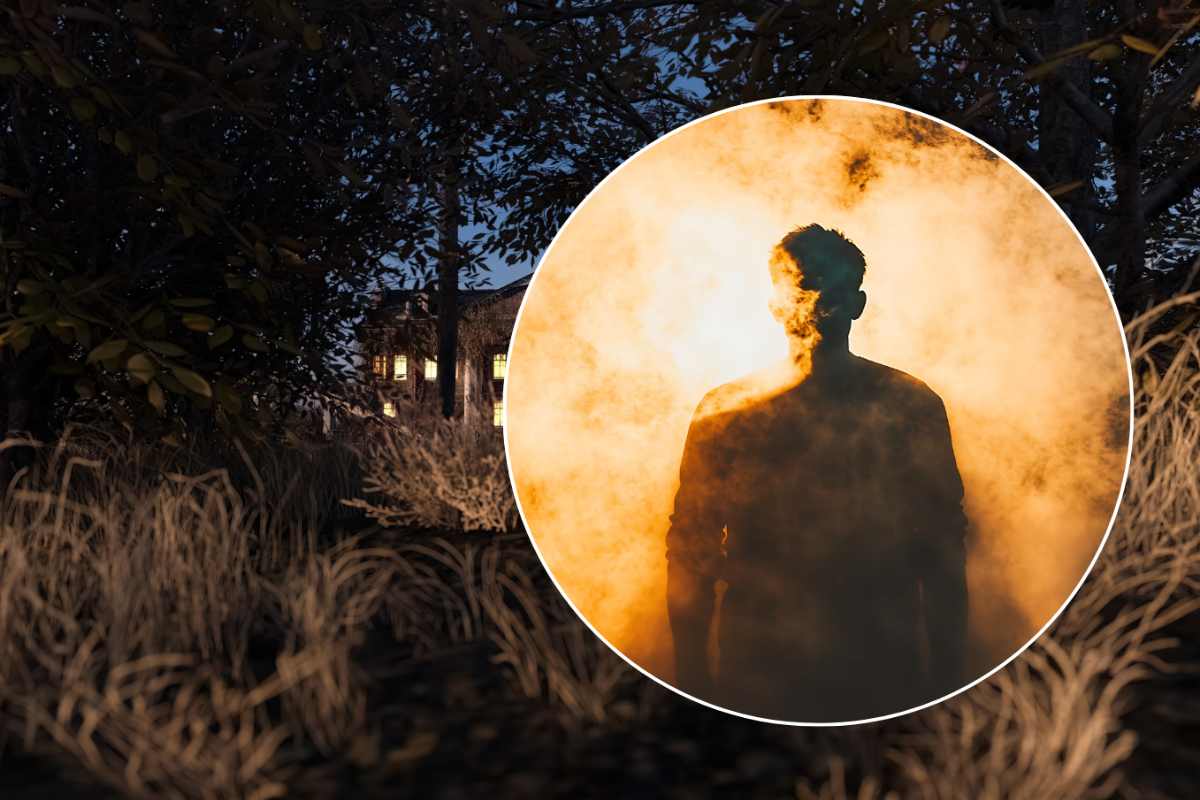 antico maniero e uomo nella nebbia