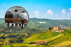 vista sul piemonte e anziani seduti in panchina