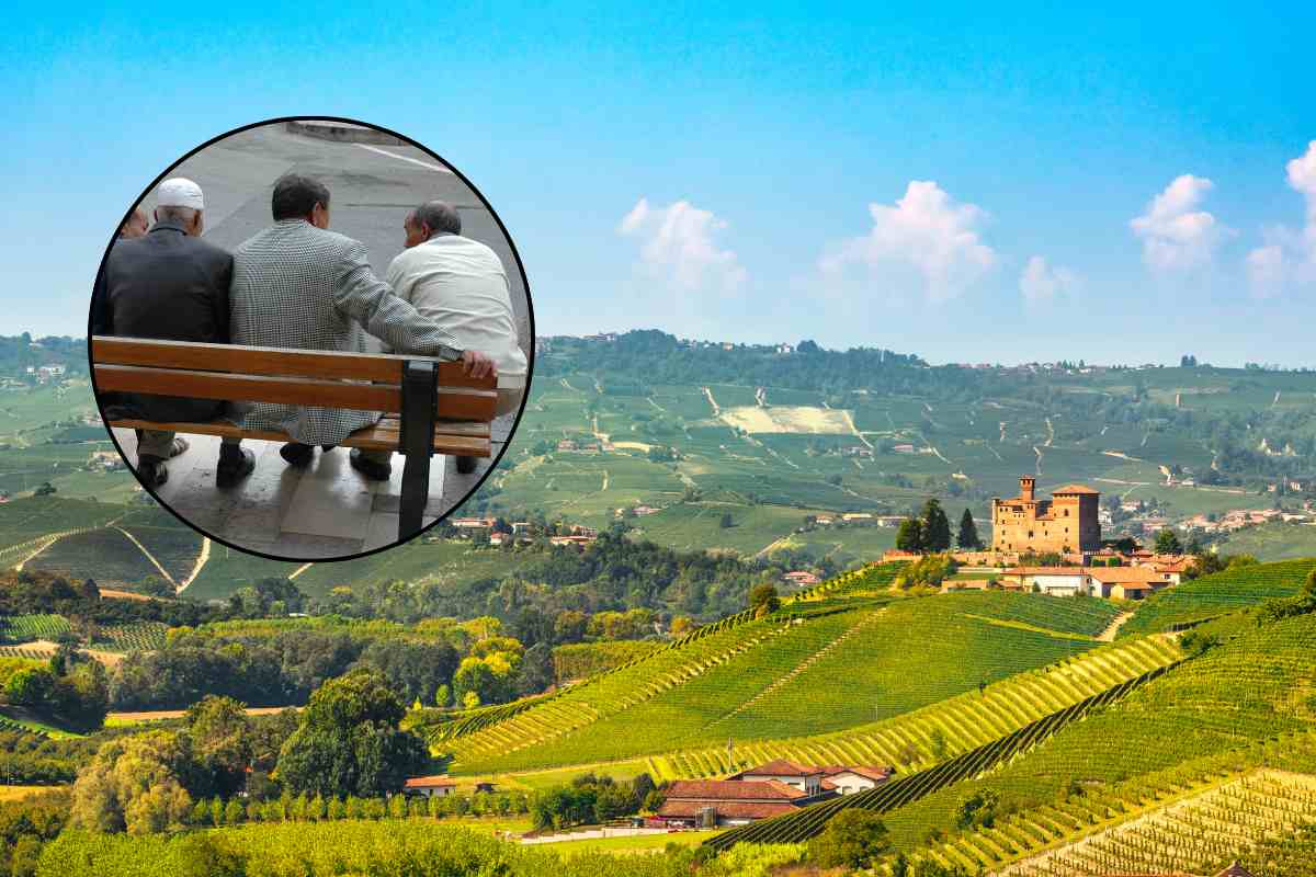 vista sul piemonte e anziani seduti in panchina