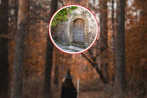 strega in un bosco e in primo piano immagine di un borgo