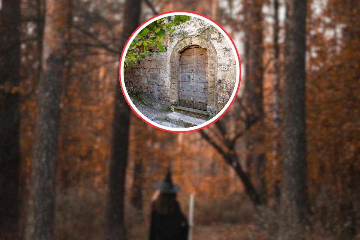 strega in un bosco e in primo piano immagine di un borgo