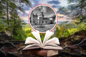 paesaggio fiabesco con libro delle favole da cui esce un paesaggio in bianco e nero