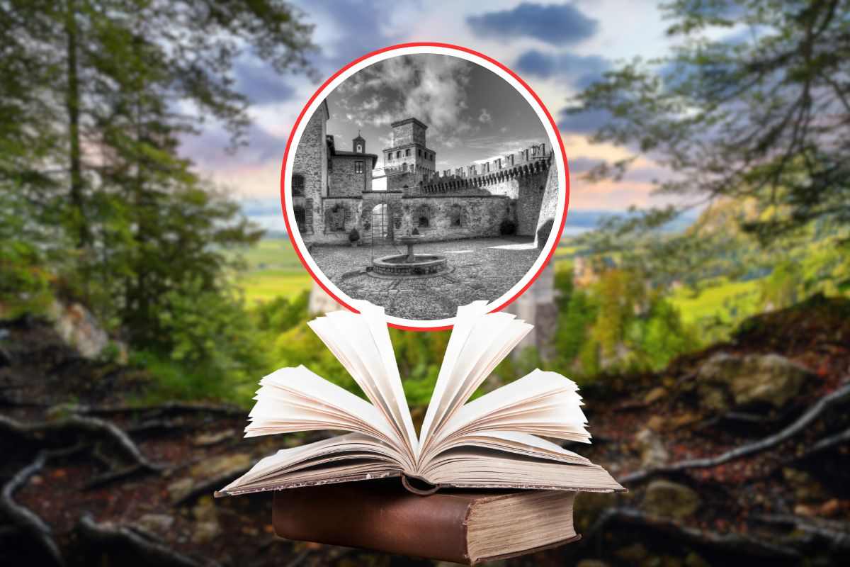 paesaggio fiabesco con libro delle favole da cui esce un paesaggio in bianco e nero