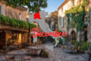 borgo come sfondo, cartina dell'italia con la lombardia evidenziata e scritta dicembre