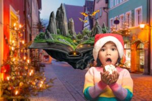 via di un borgo illuminato a festa, bambino sorpresa e libro magico
