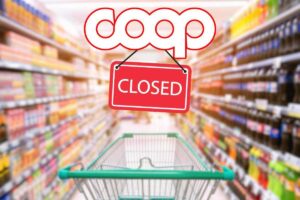 carrello nel supermercato, logo coop e simbolo chiusura
